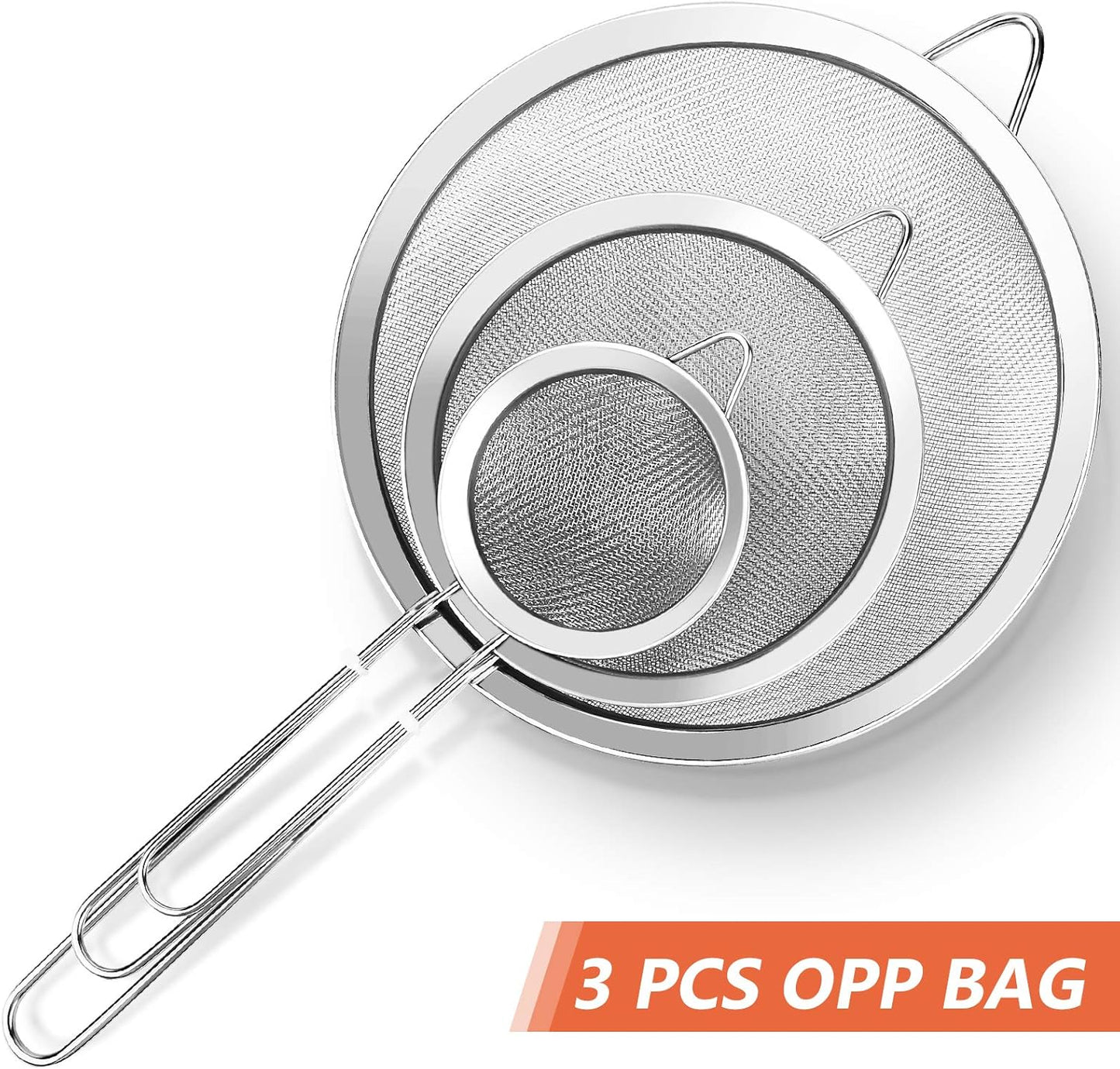 3PCS Stainless Steel Fine Mesh Strainer Set with Handle β Extra Fine Kitchen Sieves for Flour, Rice, Quinoa, Juice & Baking, Small Medium Large Sizes