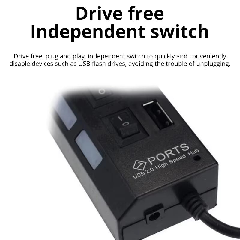 USB 2.0 Hub: 7-Port Switch Extension Hub for PC, Laptop, and Desktop