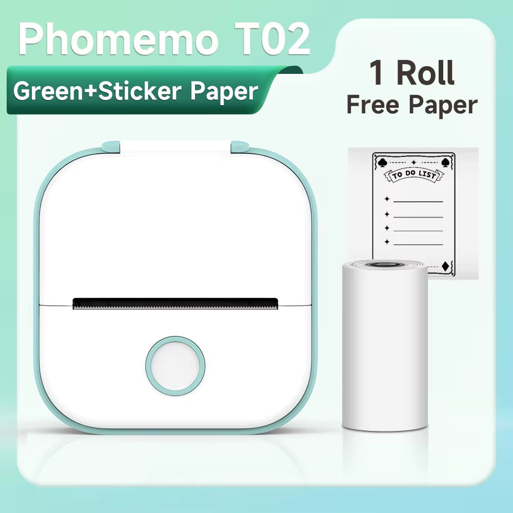 T02 Mini Portable Printer: Compact Sticker Printer with 3 Rolls of Paper for Photos, Journals, and DIY Projects