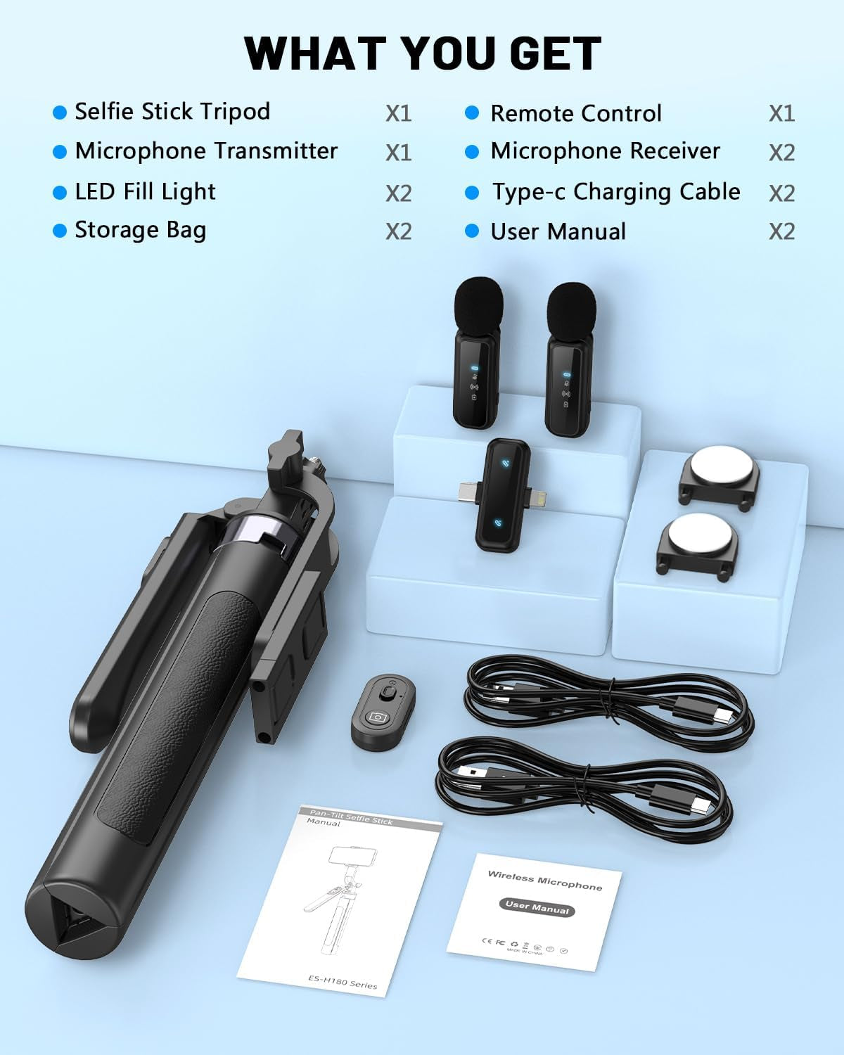 Vlogging Kit for iPhone & Android – 71″ Selfie Stick Tripod with LED Light, Wireless Remote & Microphone, Adjustable Phone Tripod for TikTok & YouTube Content Creators