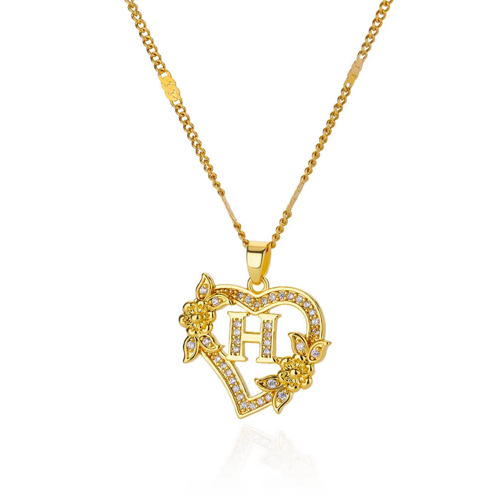 Zircon Flower Heart Initial Necklace β Gold Color Stainless Steel Letter Pendant Chain for Women