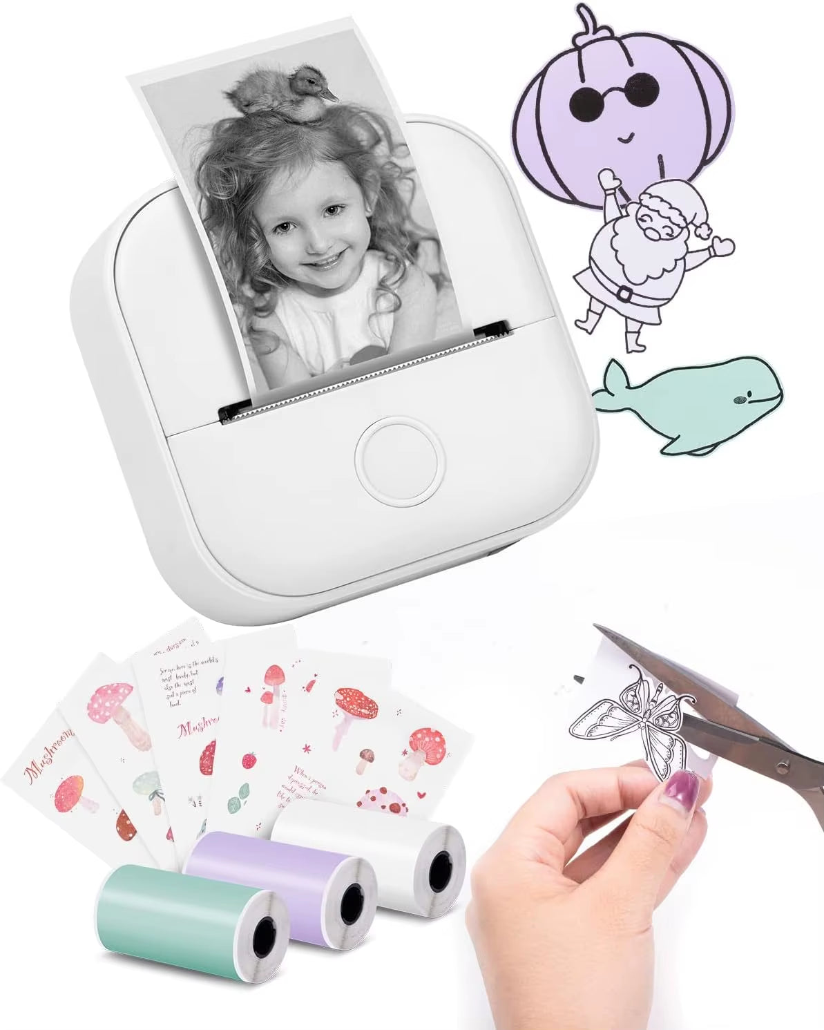 T02 Mini Portable Printer: Compact Sticker Printer with 3 Rolls of Paper for Photos, Journals, and DIY Projects