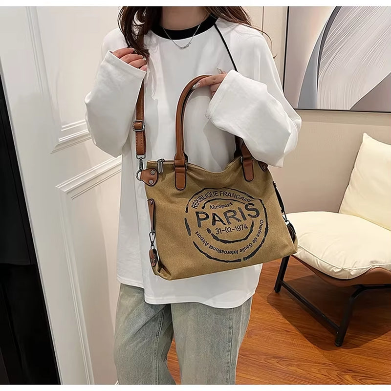 Vintage Paris Stamp Print Shoulder Bag – Women’s Crossbody Handbag with Adjustable Strap