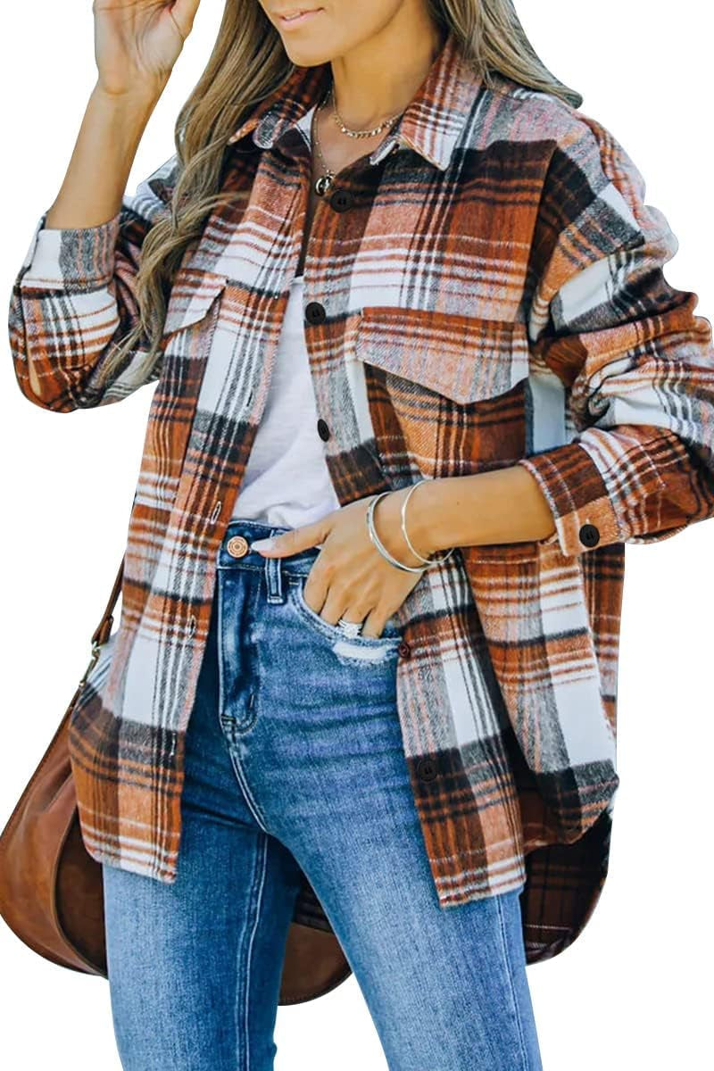 AUTOMET Women’s Plaid Flannel Shacket – Button-Down Shirt Jacket for Fall & Winter, Trendy Cute Cowgirl Style Top