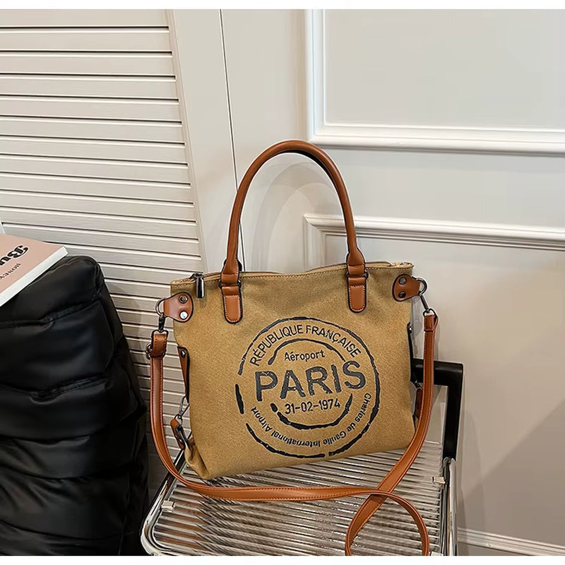 Vintage Paris Stamp Print Shoulder Bag – Women’s Crossbody Handbag with Adjustable Strap