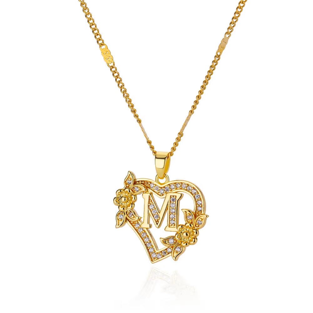Zircon Flower Heart Initial Necklace β Gold Color Stainless Steel Letter Pendant Chain for Women