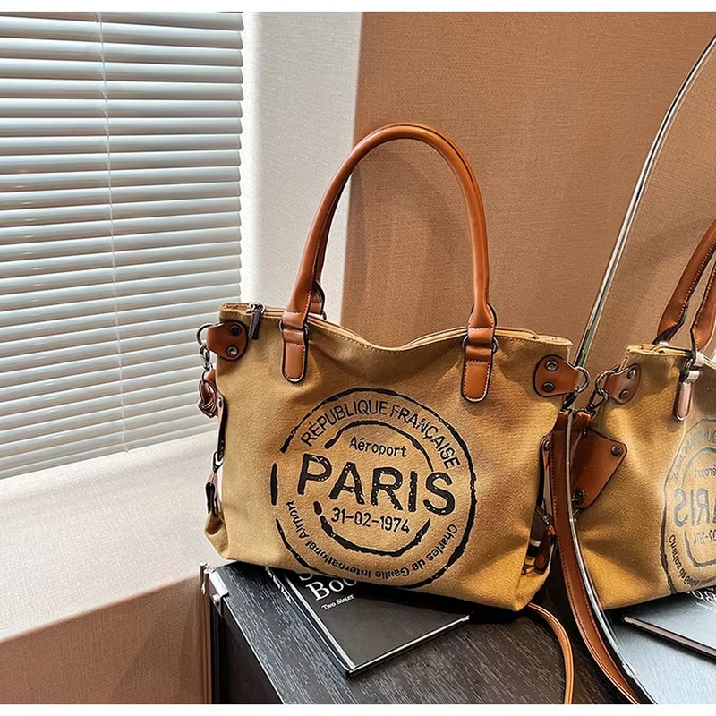 Vintage Paris Stamp Print Shoulder Bag – Women’s Crossbody Handbag with Adjustable Strap