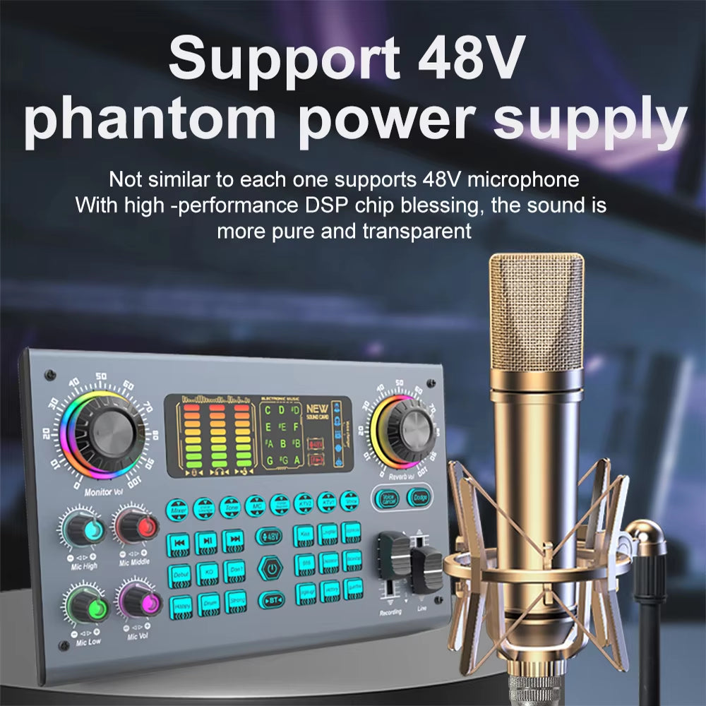 Professional Podcast Live Soundcard Equipment Bundle with 48V XLR Microphone