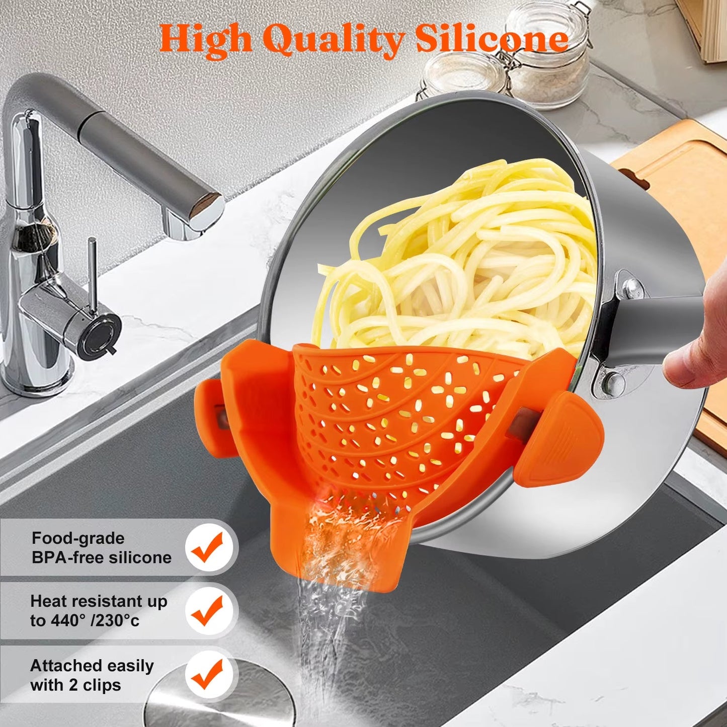 Universal Silicone Clip-On Pan Pot Strainer: Anti-Spill, Food-Grade Colander for Pasta, Fruits, and Vegetables