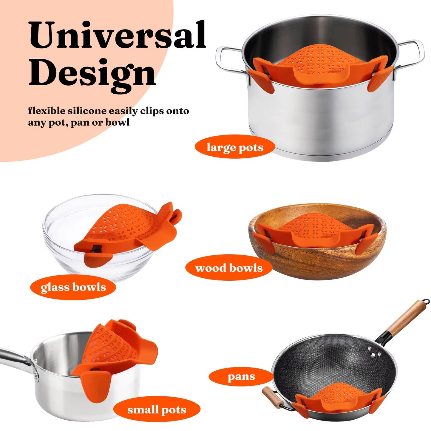 Universal Silicone Clip-On Pan Pot Strainer: Anti-Spill, Food-Grade Colander for Pasta, Fruits, and Vegetables
