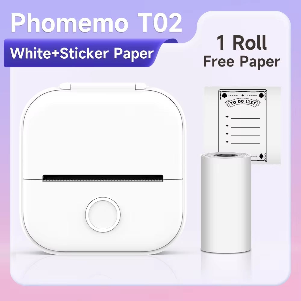 T02 Mini Portable Printer: Compact Sticker Printer with 3 Rolls of Paper for Photos, Journals, and DIY Projects
