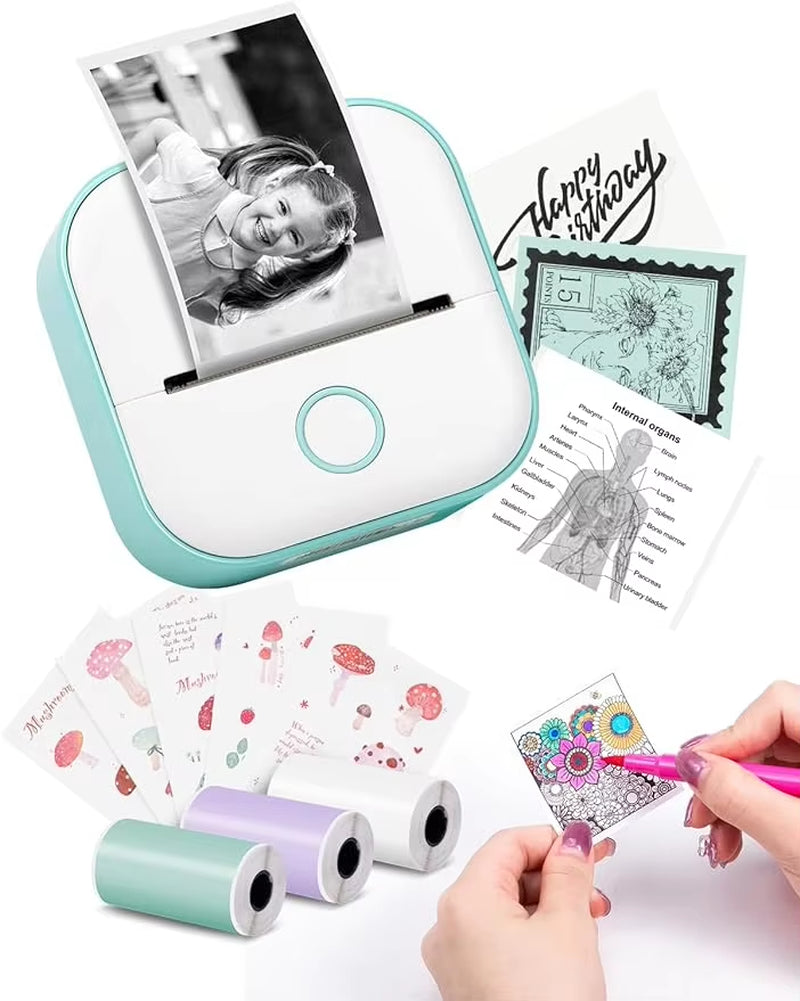 T02 Mini Portable Printer: Compact Sticker Printer with 3 Rolls of Paper for Photos, Journals, and DIY Projects
