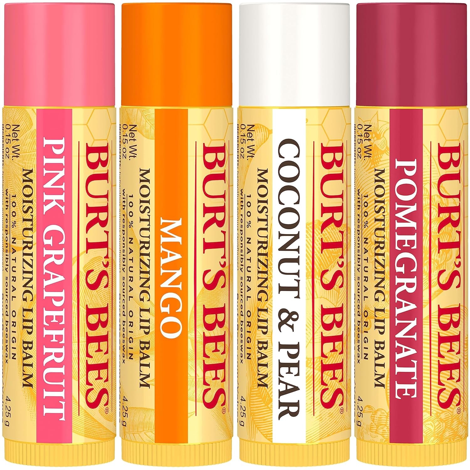 Burt’s Bees Lip Balm 4-Pack – Pink Grapefruit, Mango, Coconut & Pear, Pomegranate Flavors, Natural Beeswax Lip Moisturizer, Tint-Free, 0.15 oz Tubes