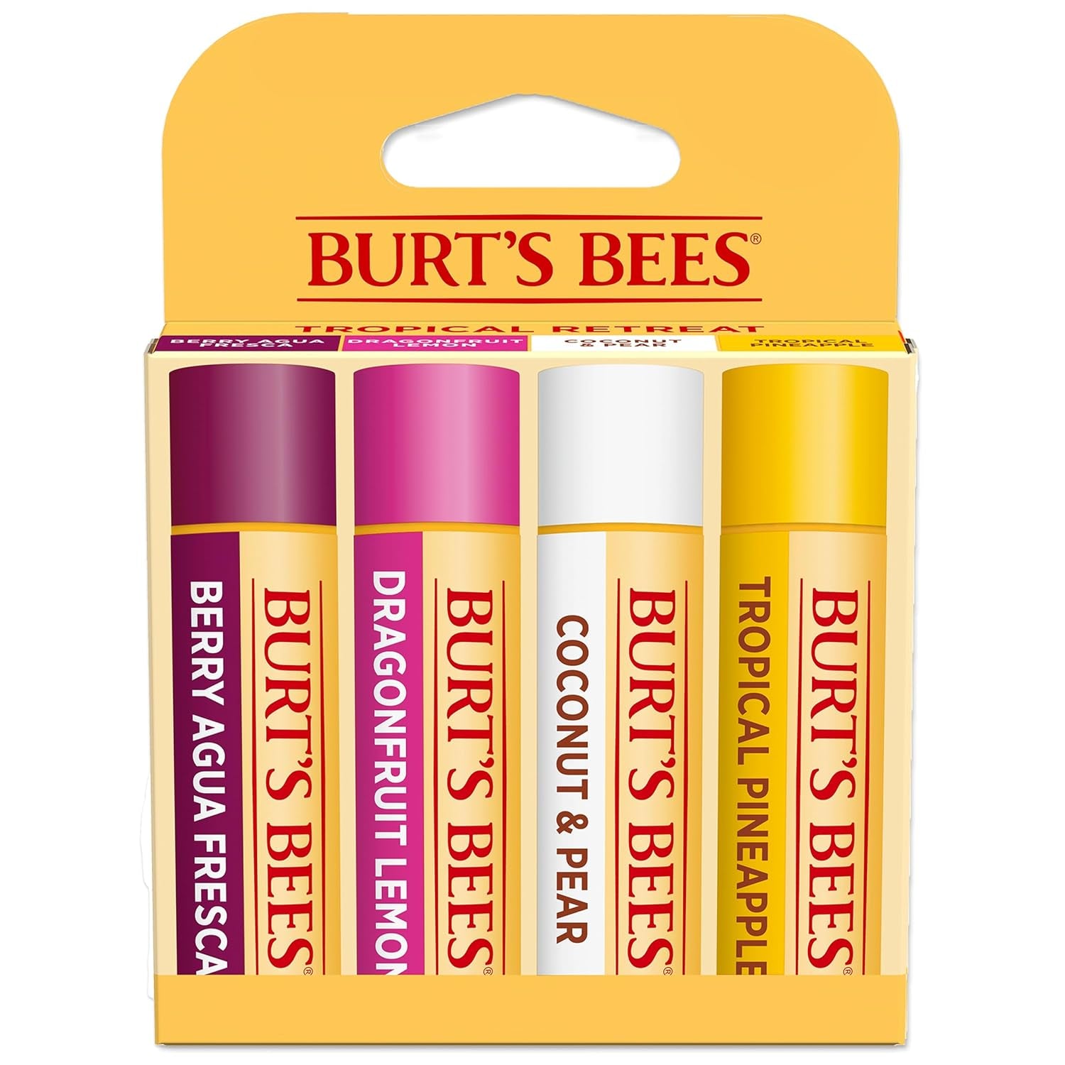 Burt’s Bees Lip Balm 4-Pack – Pink Grapefruit, Mango, Coconut & Pear, Pomegranate Flavors, Natural Beeswax Lip Moisturizer, Tint-Free, 0.15 oz Tubes