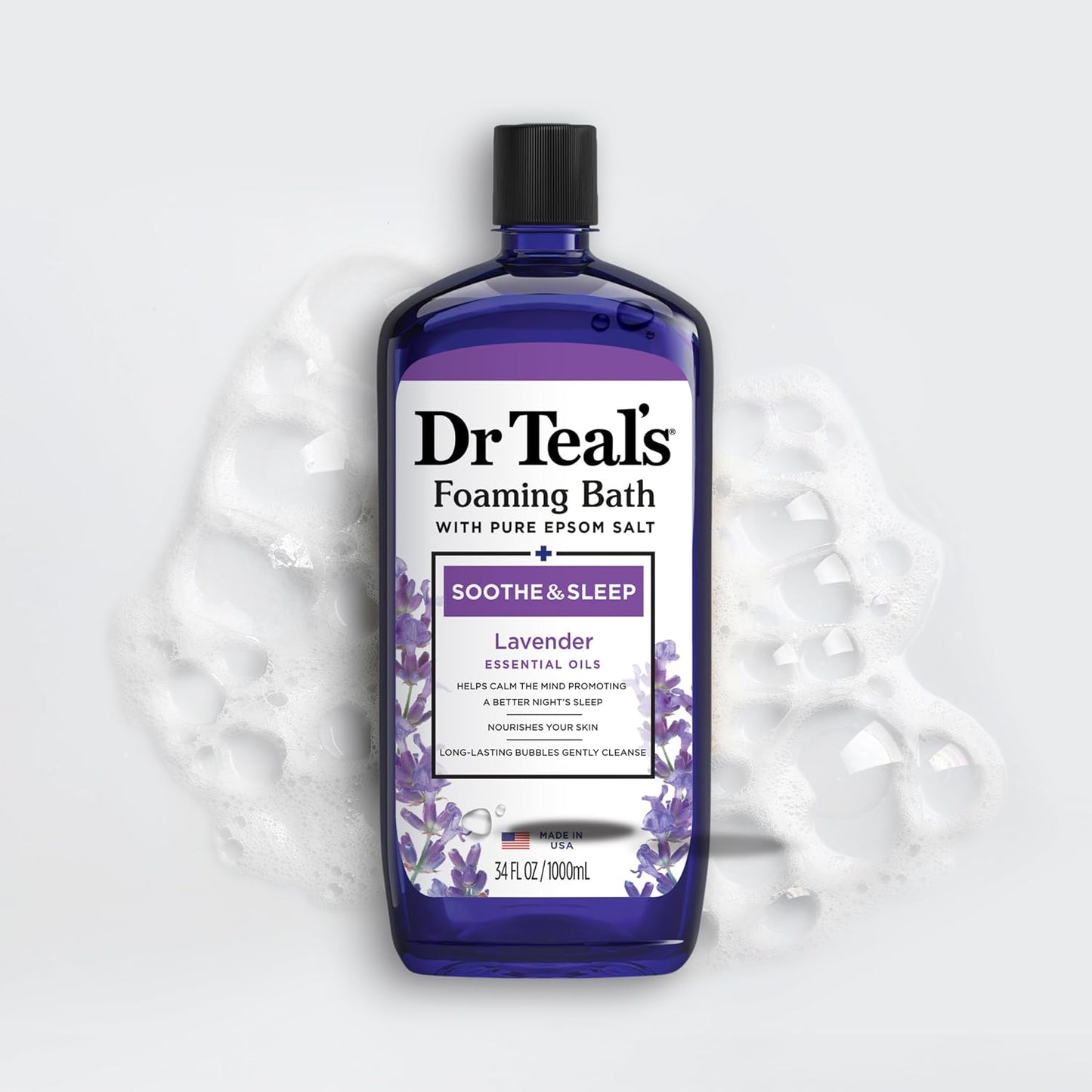 Dr Teal’s Foaming Bath with Pure Epsom Salt – Soothe & Sleep Lavender Bubble Bath Soak, Relaxing Aromatherapy Bath for Stress Relief & Better Sleep, 34 fl oz (Pack of 2)