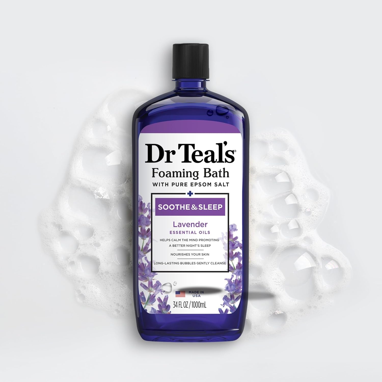 Dr Teal’s Foaming Bath with Pure Epsom Salt – Soothe & Sleep Lavender Bubble Bath Soak, Relaxing Aromatherapy Bath for Stress Relief & Better Sleep, 34 fl oz (Pack of 2)