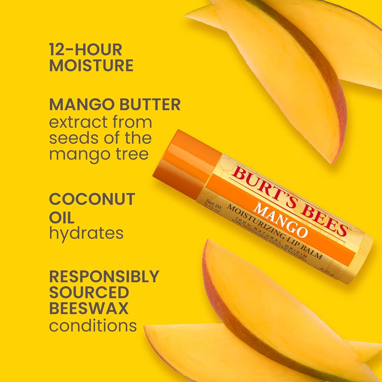 Burt’s Bees Lip Balm 4-Pack – Pink Grapefruit, Mango, Coconut & Pear, Pomegranate Flavors, Natural Beeswax Lip Moisturizer, Tint-Free, 0.15 oz Tubes