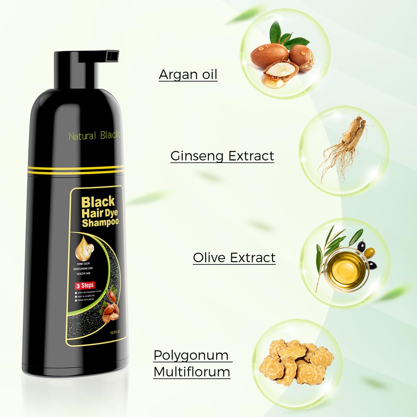 Argan Herbal Black Hair Dye Shampoo – 3-in-1 Color, Cleanse & Condition – Full Gray Coverage for Men & Women (16.9 Fl Oz)