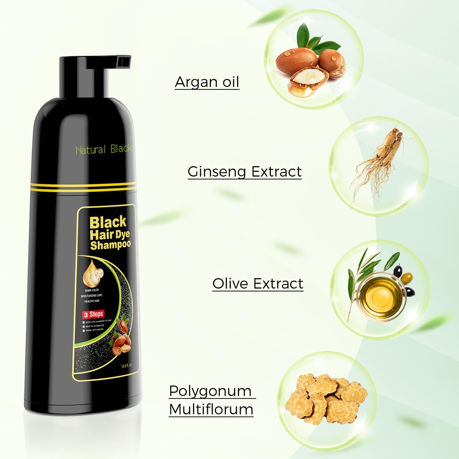 Argan Herbal Black Hair Dye Shampoo – 3-in-1 Color, Cleanse & Condition – Full Gray Coverage for Men & Women (16.9 Fl Oz)