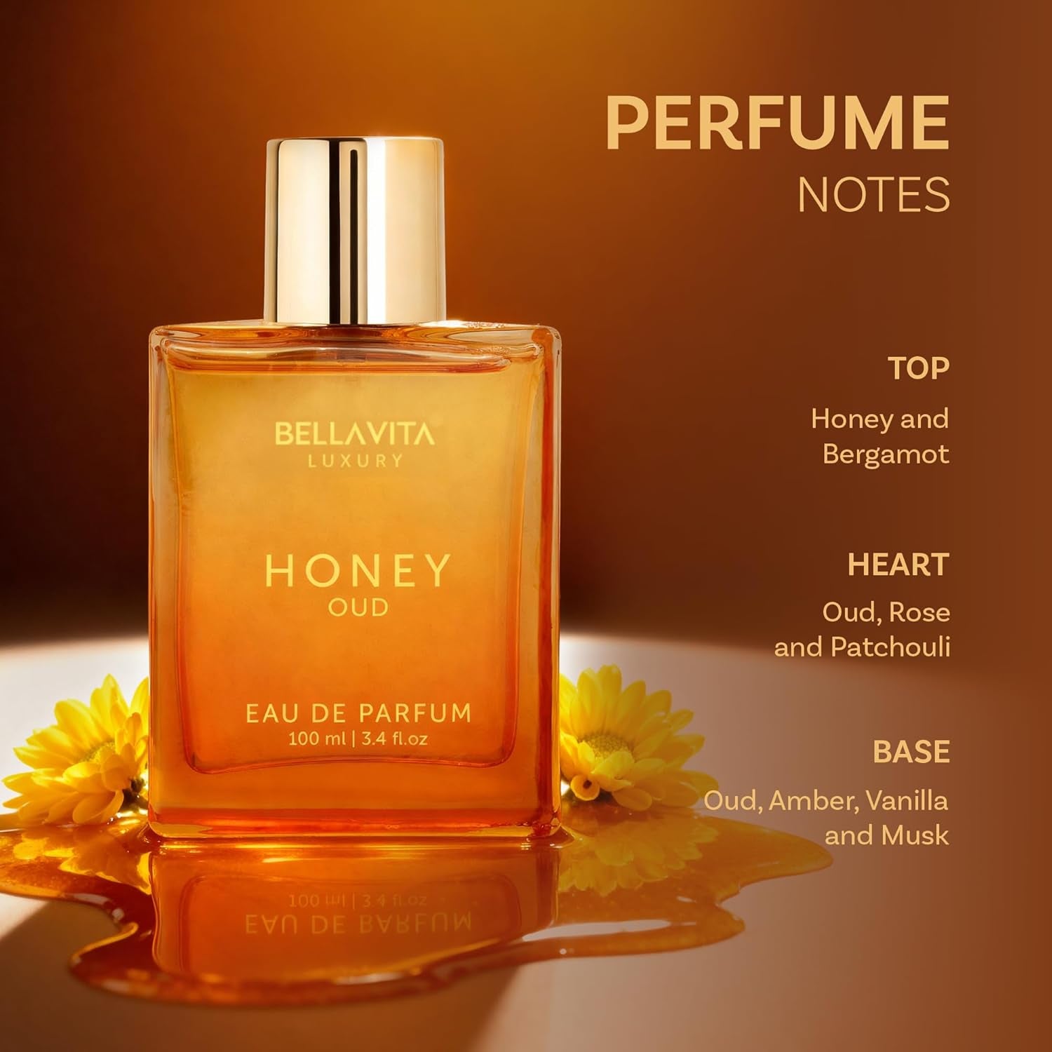 Bellavita Luxury Honey Oud Eau De Parfum – Unisex 3.4 Fl Oz, Long-Lasting Floral, Spicy & Vanilla Fragrance, Clean & Vegan, Cruelty-Free