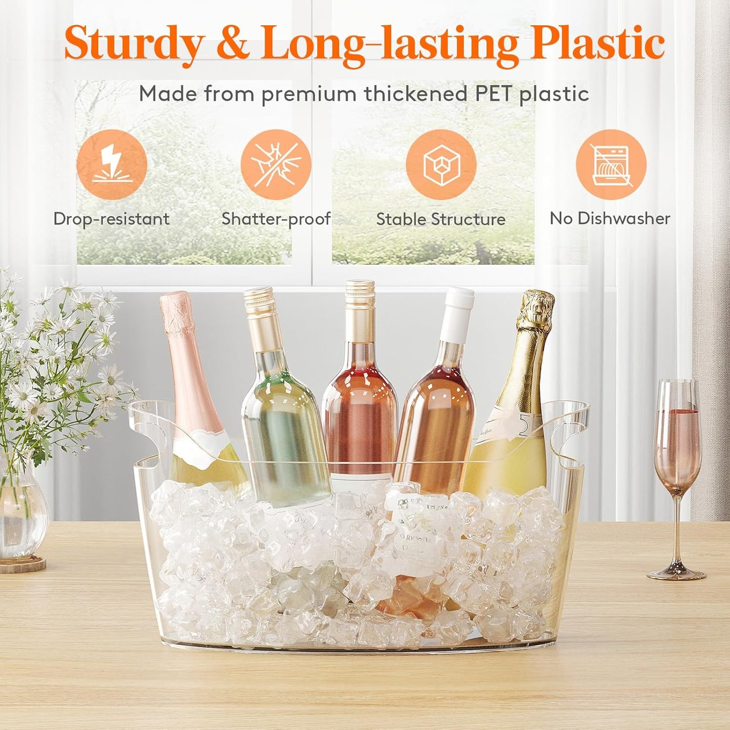 Lifewit 6.5L Ice Bucket for Parties – Portable Drink Tub with Scoop, Plastic Champagne & Wine Cooler for Beer, Cocktails & Mimosa Bar, Beverage Chiller (15 x 7 x 8 in)