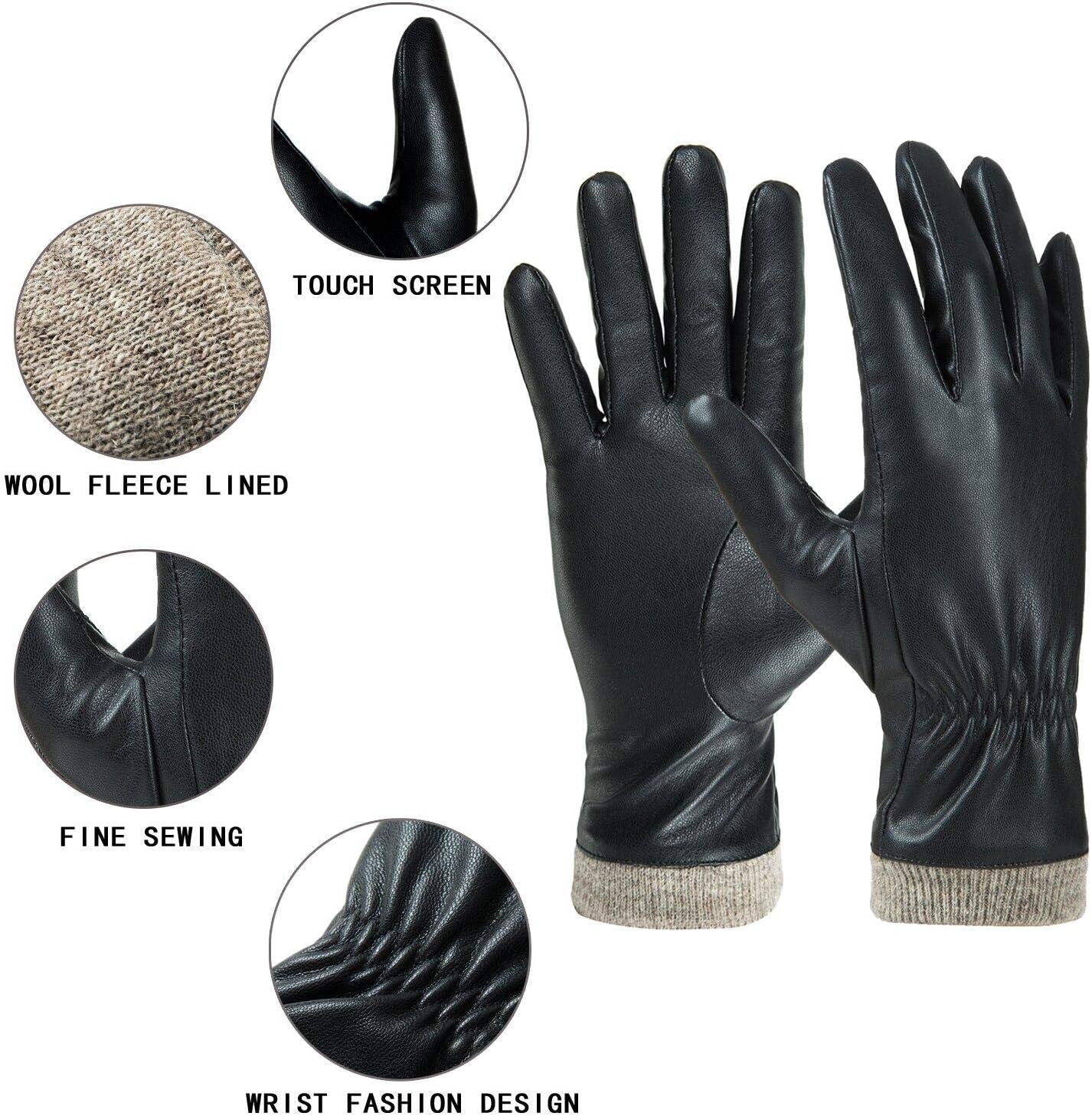 REDESS Women’s Winter Leather Gloves – Wool Fleece Lined, Touchscreen Compatible, Thick Thermal Warm Gloves for Snow, Driving & Cold Weather