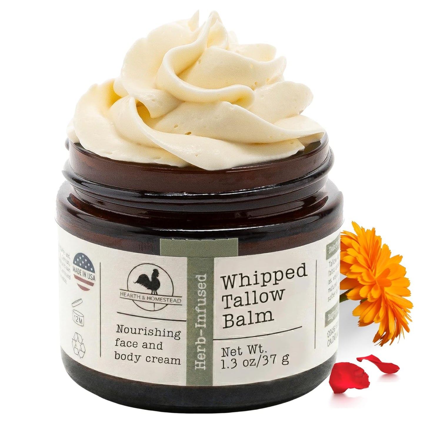 Hearth & Homestead Whipped Grass-Fed Beef Tallow Skin Balm – Organic Face & Body Moisturizer with Olive Oil, Calendula & Rose, Eczema Relief Cream for Dry Skin, Unscented, 1.3 oz