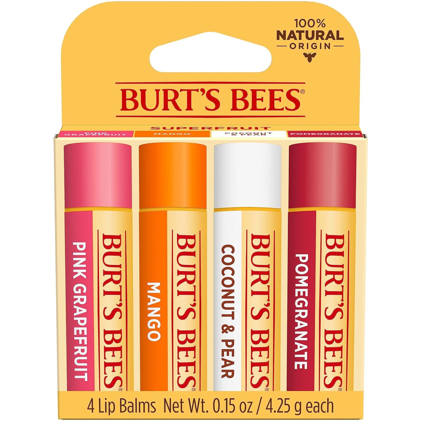 Burt’s Bees Lip Balm 4-Pack – Pink Grapefruit, Mango, Coconut & Pear, Pomegranate Flavors, Natural Beeswax Lip Moisturizer, Tint-Free, 0.15 oz Tubes