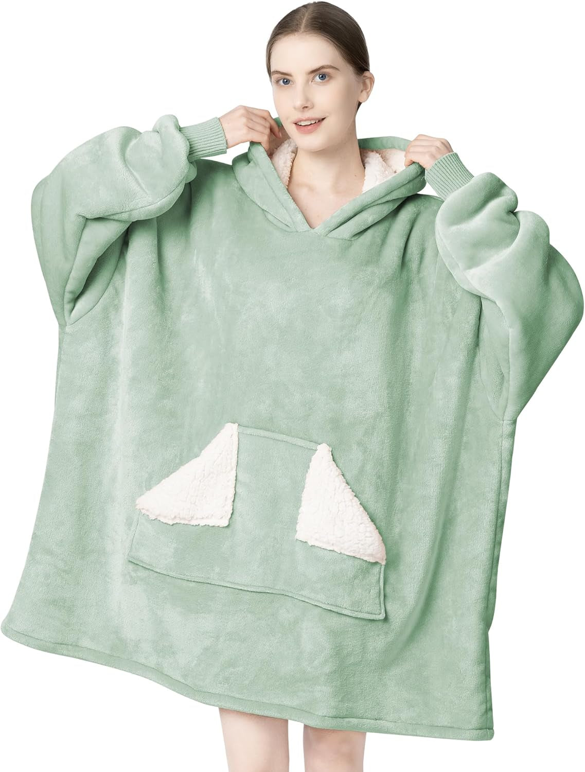 Touchat Wearable Blanket Hoodie for Adults – Oversized Sherpa Fleece Sweatshirt Blanket with Hood, Sleeves & Giant Front Pocket, Ultra-Warm Cozy Grey Gift for Women