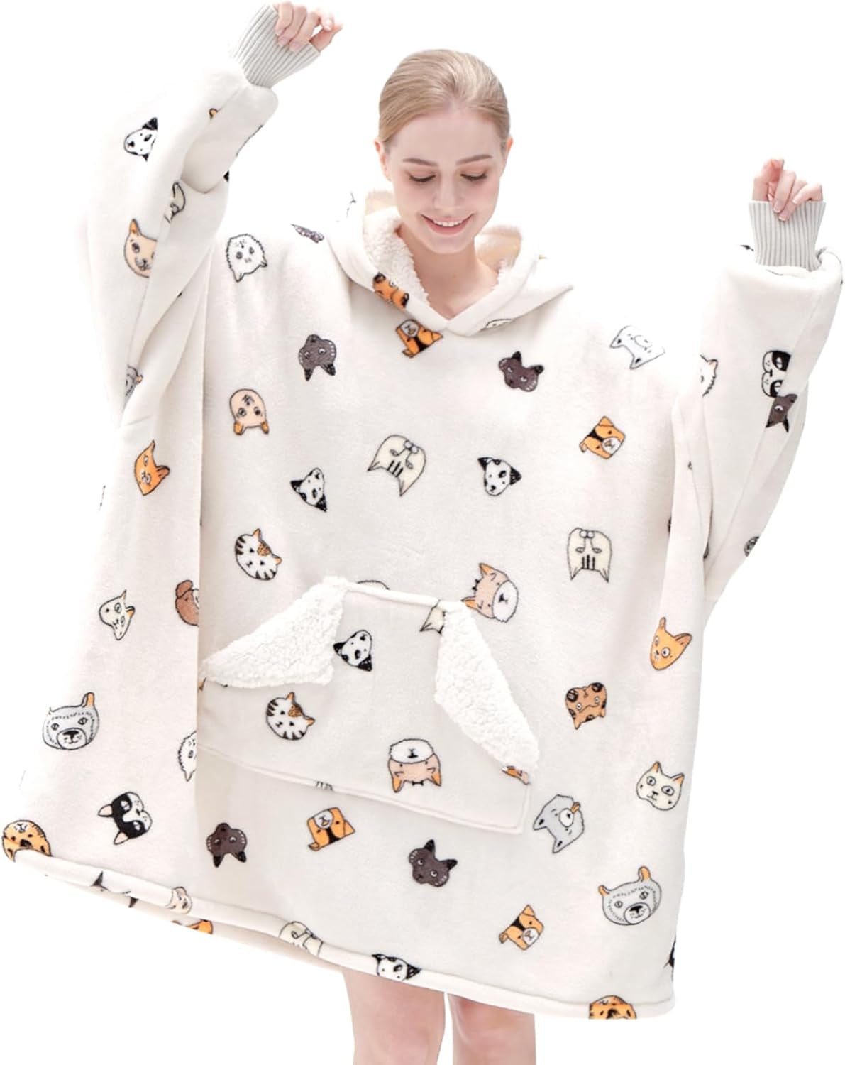 Touchat Wearable Blanket Hoodie for Adults – Oversized Sherpa Fleece Sweatshirt Blanket with Hood, Sleeves & Giant Front Pocket, Ultra-Warm Cozy Grey Gift for Women