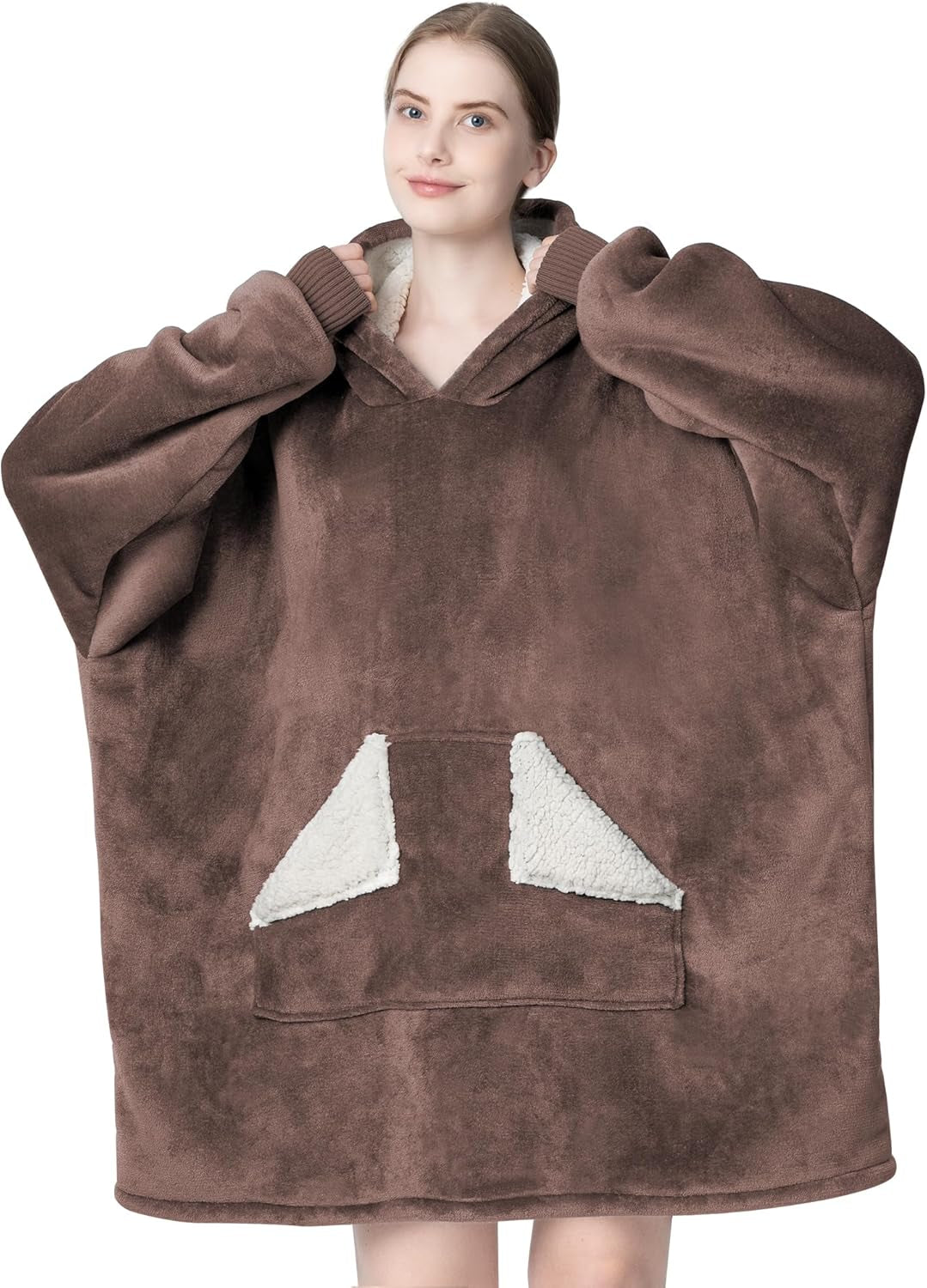 Touchat Wearable Blanket Hoodie for Adults – Oversized Sherpa Fleece Sweatshirt Blanket with Hood, Sleeves & Giant Front Pocket, Ultra-Warm Cozy Grey Gift for Women