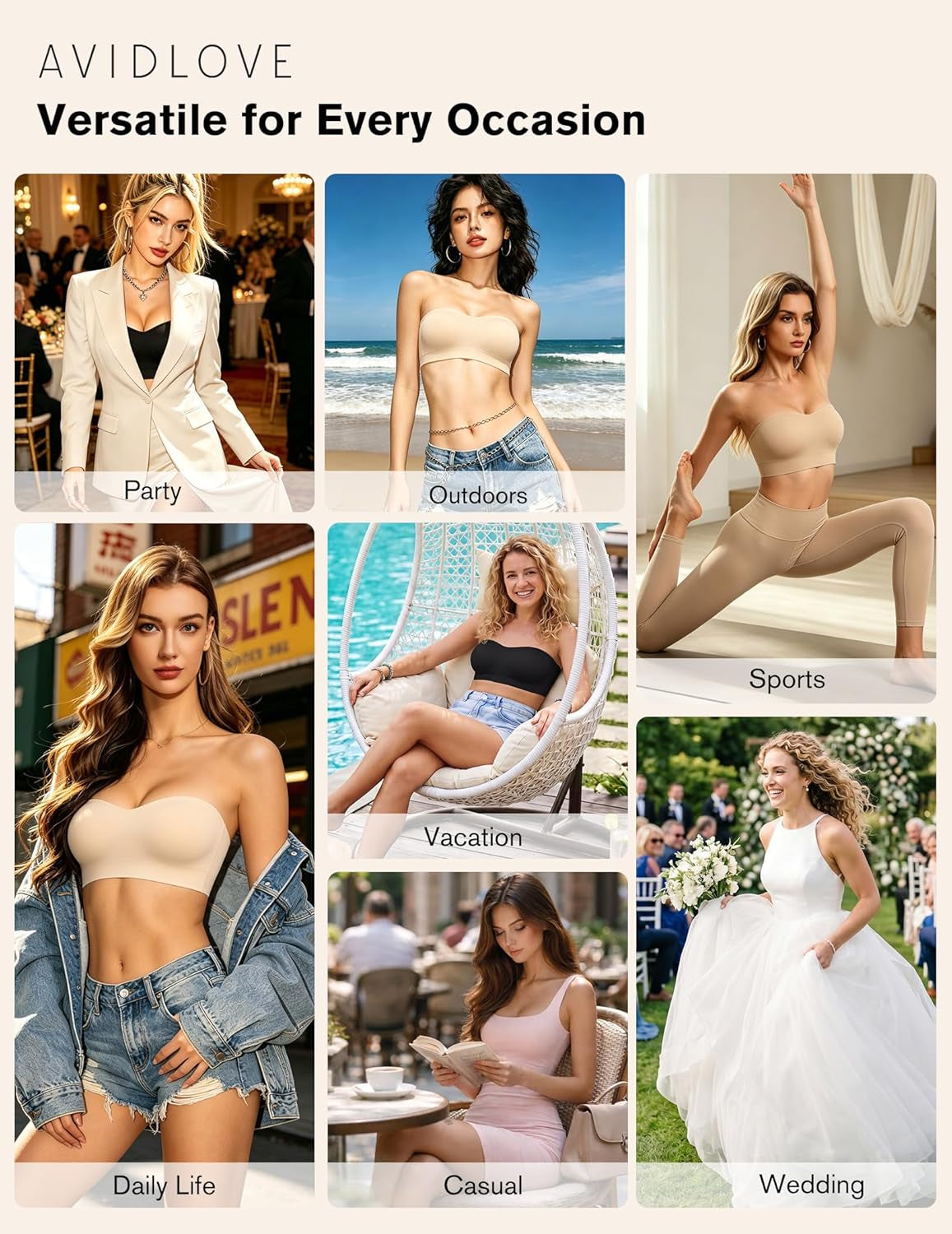 Avidlove Strapless Bandeau Bra – Seamless Non-Slip Wireless Push-Up Bralette with Padding, Invisible No Underwire Tube Top Bra for Everyday Comfort