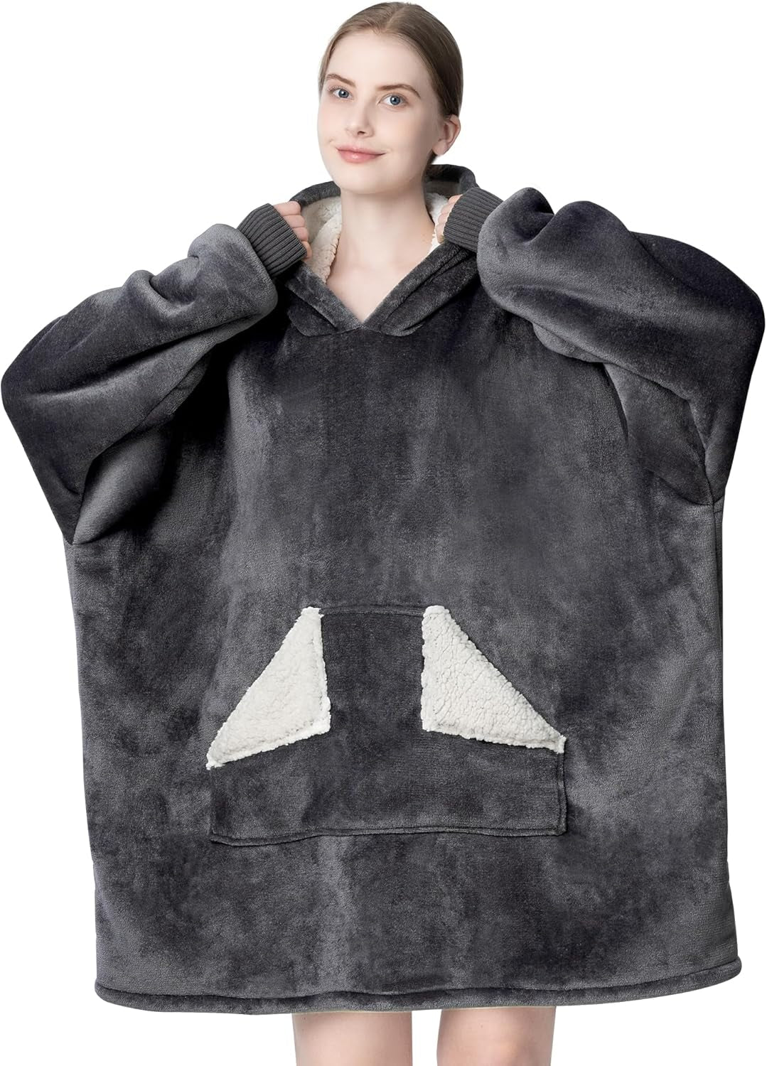 Touchat Wearable Blanket Hoodie for Adults – Oversized Sherpa Fleece Sweatshirt Blanket with Hood, Sleeves & Giant Front Pocket, Ultra-Warm Cozy Grey Gift for Women