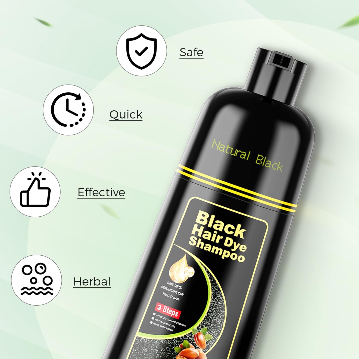 Argan Herbal Black Hair Dye Shampoo – 3-in-1 Color, Cleanse & Condition – Full Gray Coverage for Men & Women (16.9 Fl Oz)