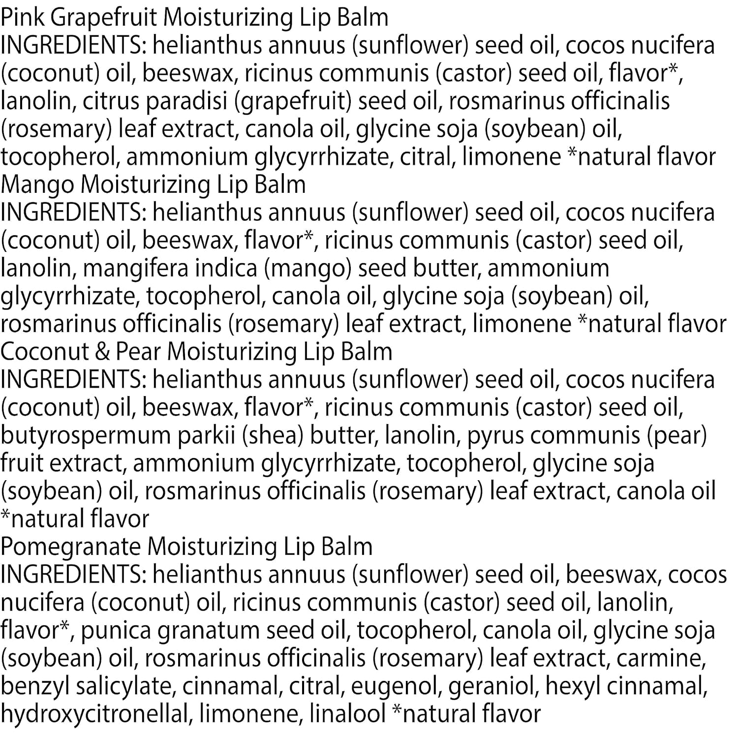 Burt’s Bees Lip Balm 4-Pack – Pink Grapefruit, Mango, Coconut & Pear, Pomegranate Flavors, Natural Beeswax Lip Moisturizer, Tint-Free, 0.15 oz Tubes