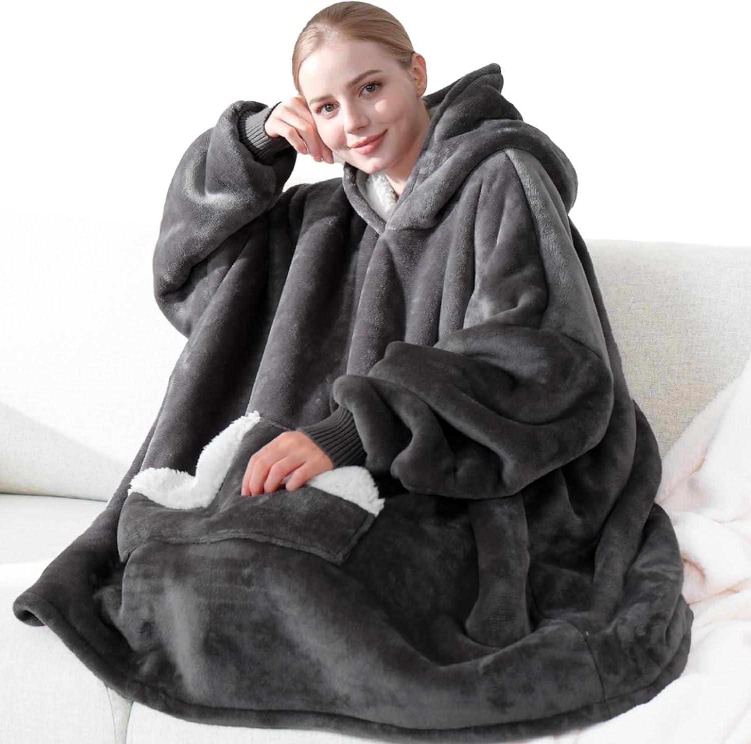 Touchat Wearable Blanket Hoodie for Adults – Oversized Sherpa Fleece Sweatshirt Blanket with Hood, Sleeves & Giant Front Pocket, Ultra-Warm Cozy Grey Gift for Women