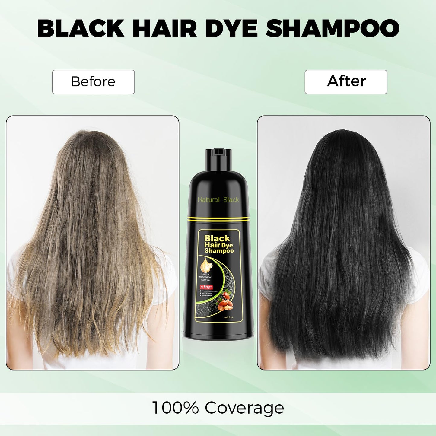 Argan Herbal Black Hair Dye Shampoo – 3-in-1 Color, Cleanse & Condition – Full Gray Coverage for Men & Women (16.9 Fl Oz)