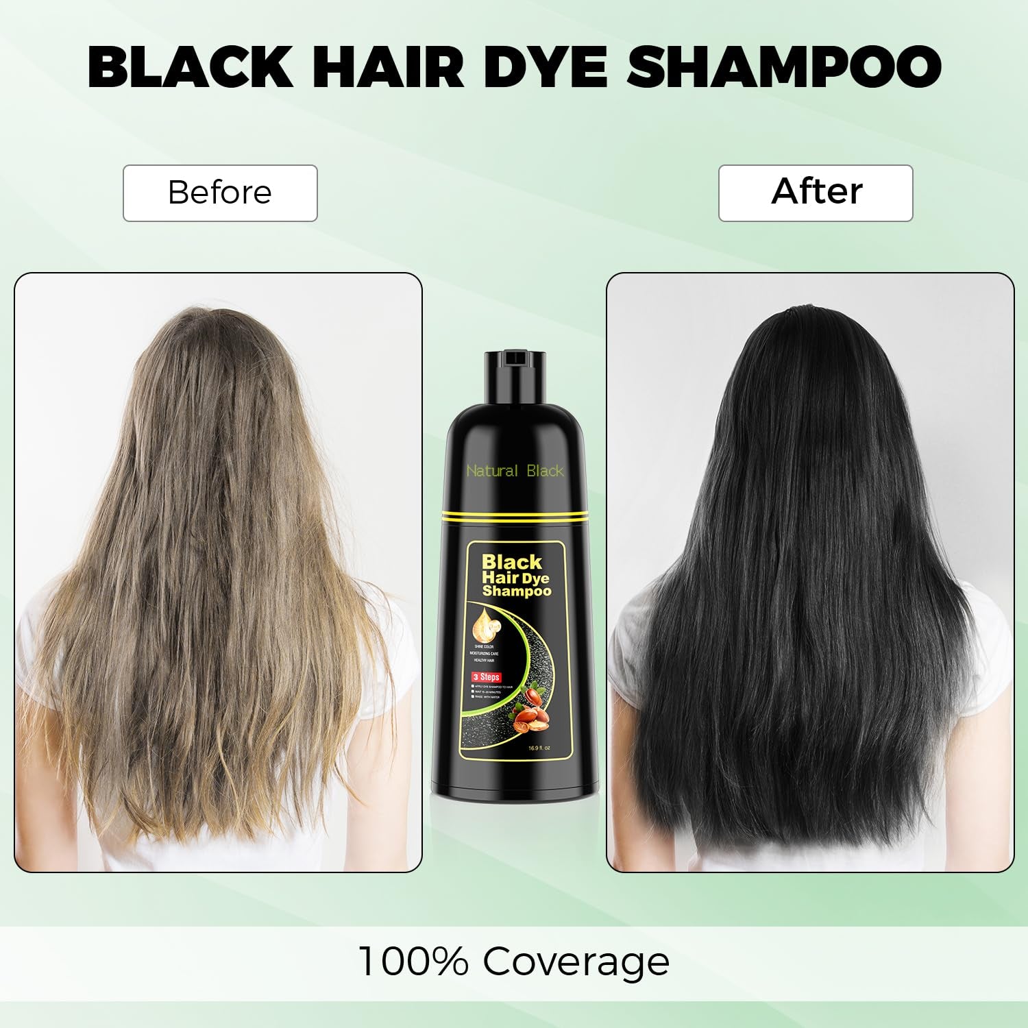 Argan Herbal Black Hair Dye Shampoo – 3-in-1 Color, Cleanse & Condition – Full Gray Coverage for Men & Women (16.9 Fl Oz)