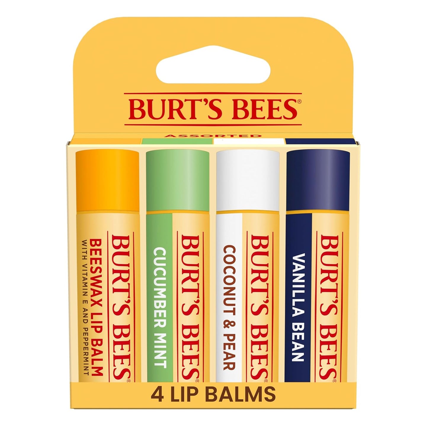 Burt’s Bees Lip Balm 4-Pack – Pink Grapefruit, Mango, Coconut & Pear, Pomegranate Flavors, Natural Beeswax Lip Moisturizer, Tint-Free, 0.15 oz Tubes