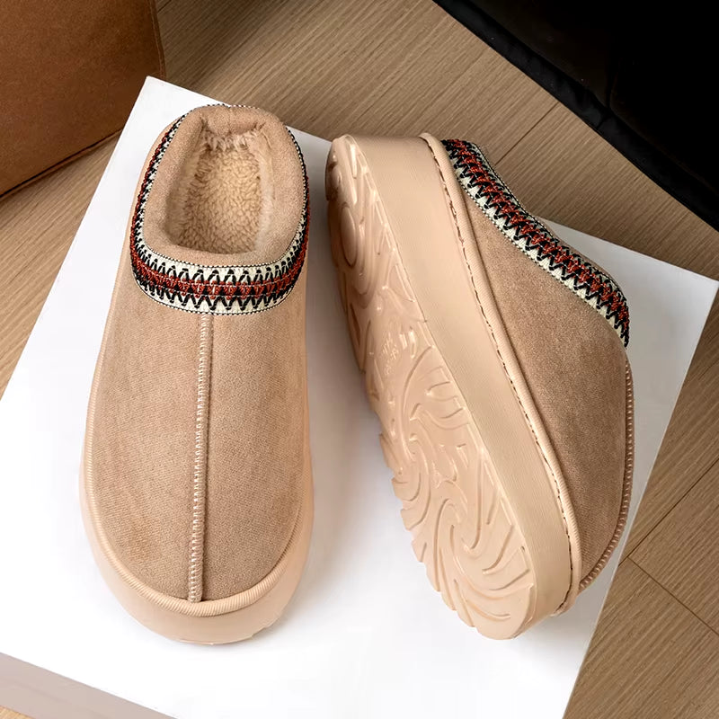 Woman Winter Slippers: Plush Interior, Anti-Slip Sole, Thick Bottom, Embroidered Fashion