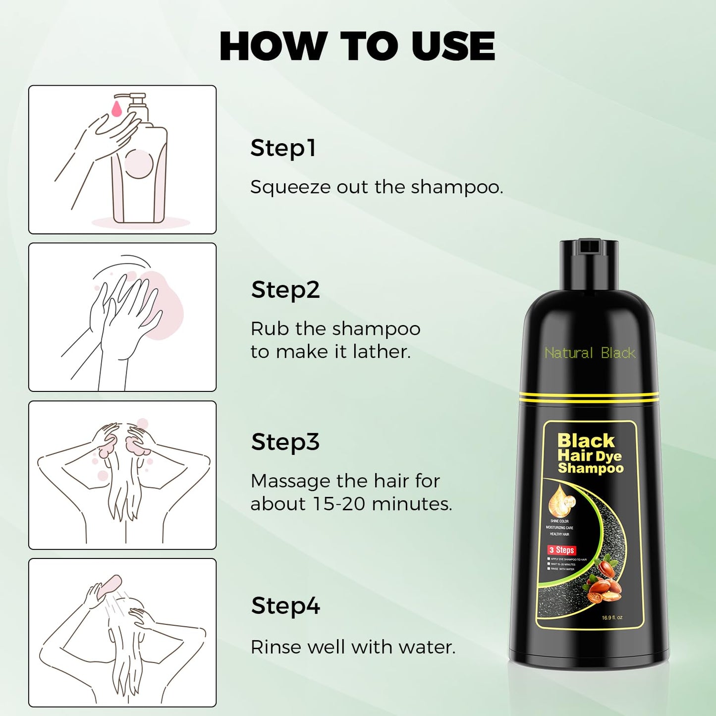 Argan Herbal Black Hair Dye Shampoo – 3-in-1 Color, Cleanse & Condition – Full Gray Coverage for Men & Women (16.9 Fl Oz)