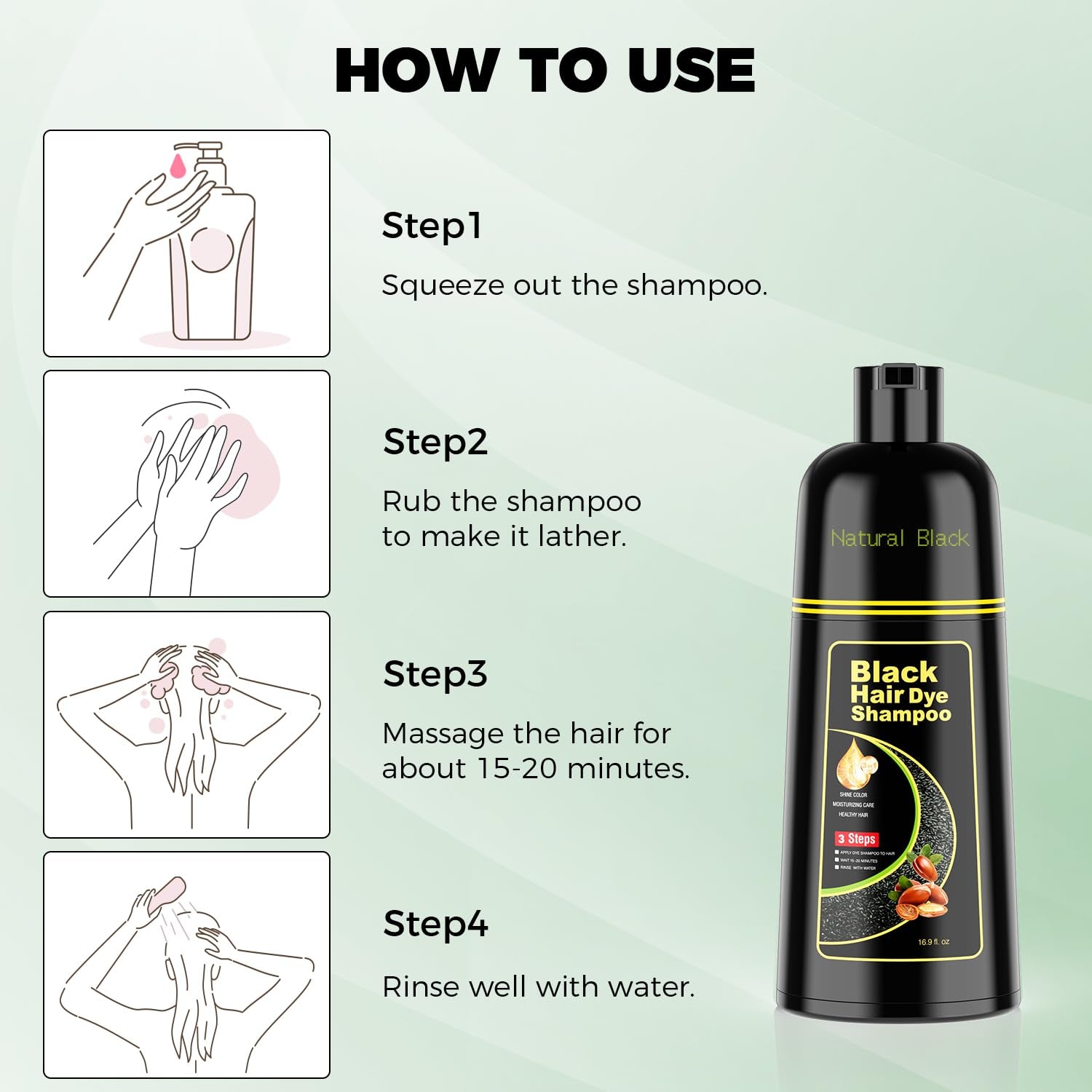 Argan Herbal Black Hair Dye Shampoo – 3-in-1 Color, Cleanse & Condition – Full Gray Coverage for Men & Women (16.9 Fl Oz)