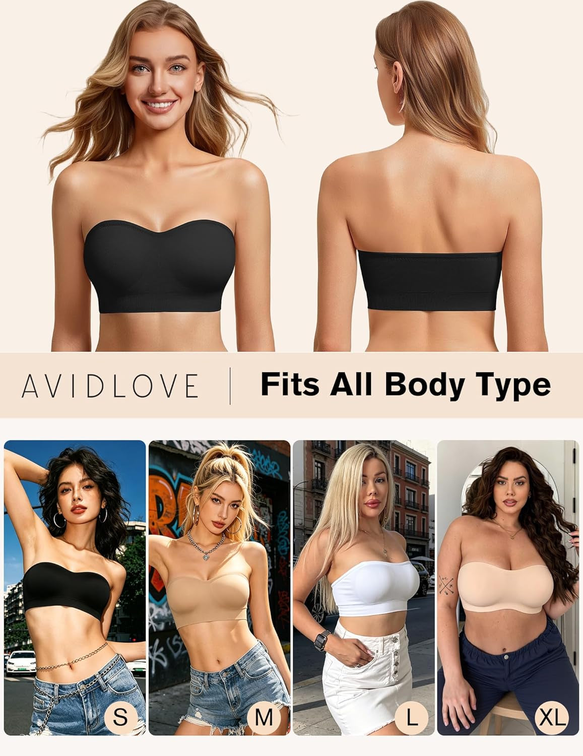 Avidlove Strapless Bandeau Bra – Seamless Non-Slip Wireless Push-Up Bralette with Padding, Invisible No Underwire Tube Top Bra for Everyday Comfort