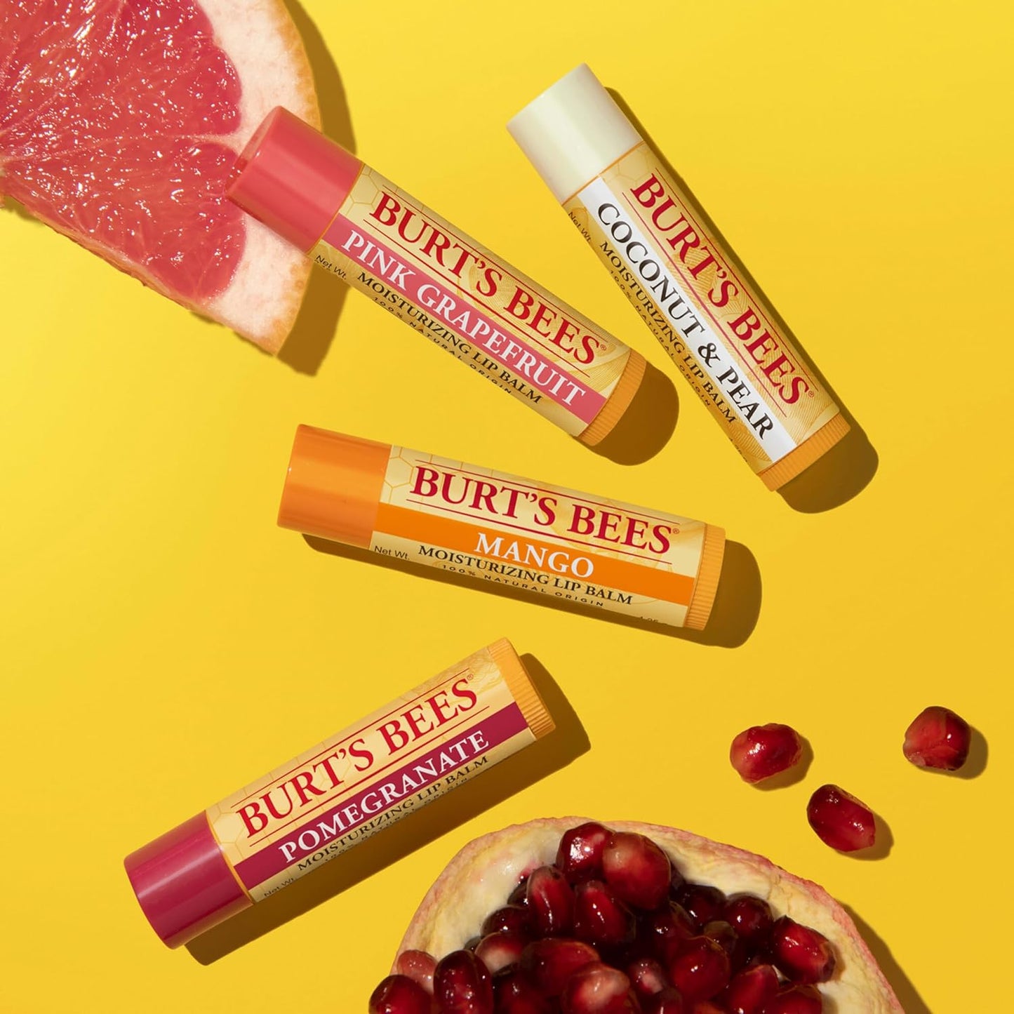 Burt’s Bees Lip Balm 4-Pack – Pink Grapefruit, Mango, Coconut & Pear, Pomegranate Flavors, Natural Beeswax Lip Moisturizer, Tint-Free, 0.15 oz Tubes
