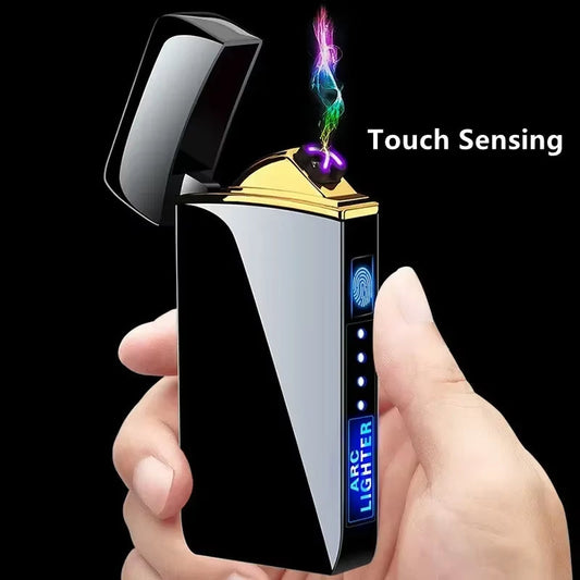 Windproof Electric Metal Lighter: Double Arc Flameless Plasma Lighter with USB Rechargeable LED Power Display and Touch Sensor