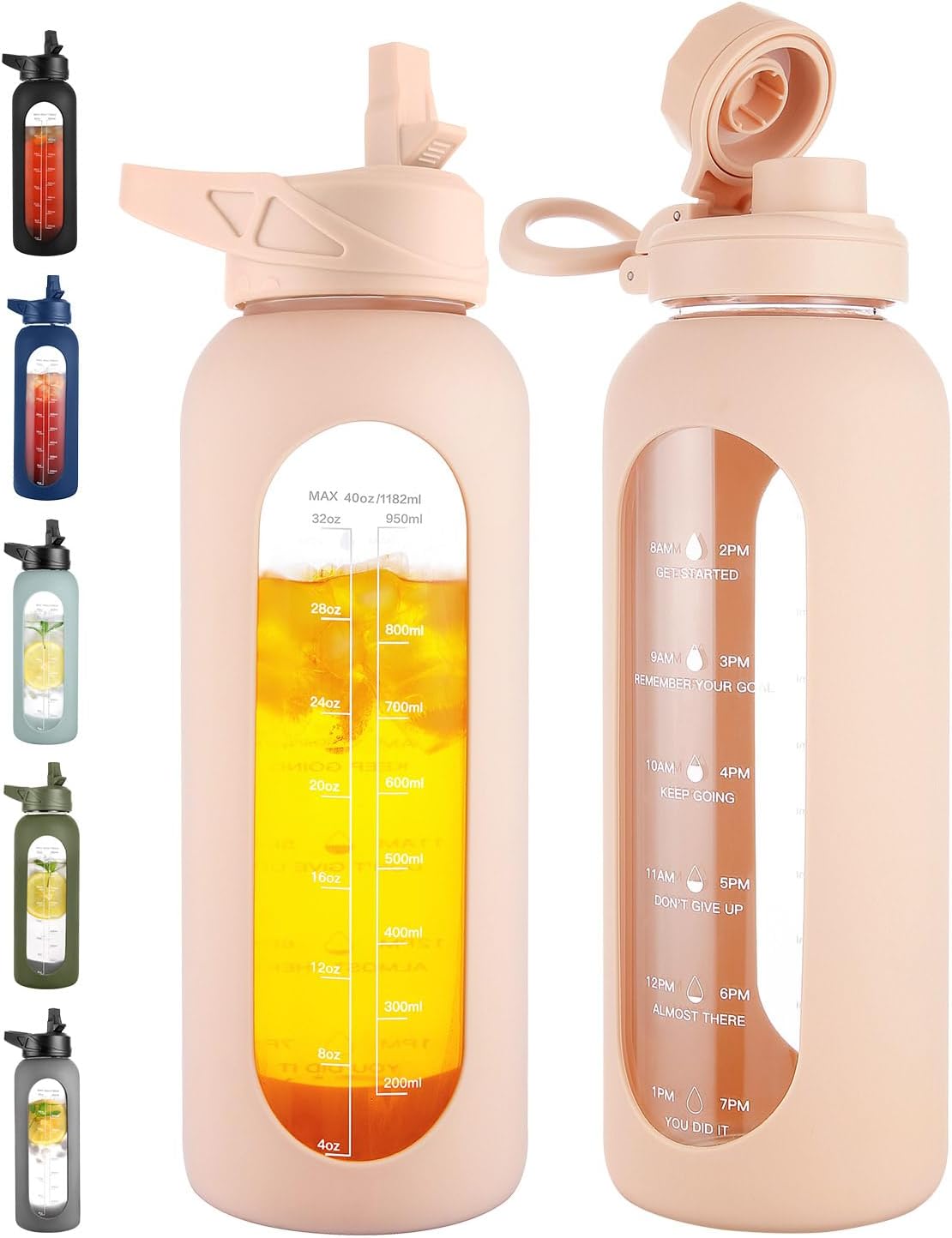 CIVAGO 32 Oz Glass Water Bottle – Leakproof Sports Flask with Straw, Handle, Silicone Sleeve, Time Marker & 2 Lids, Large Gym Water Jug, Black