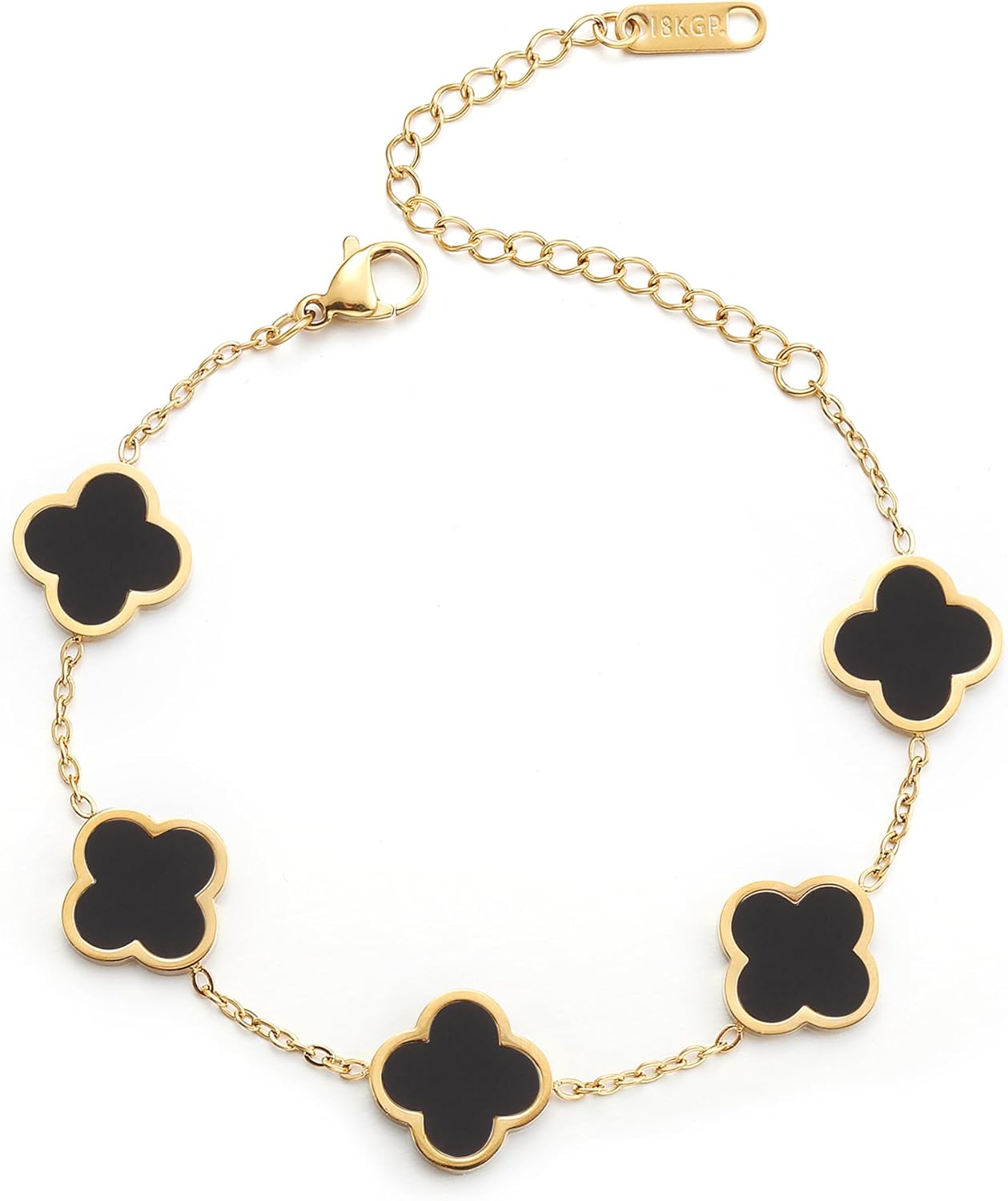 18K Gold Plated Clover Bracelet for Women - Four Leaf Flower Link Lucky Charm Jewelry in Black, White, Red, Pink, Blue and Green