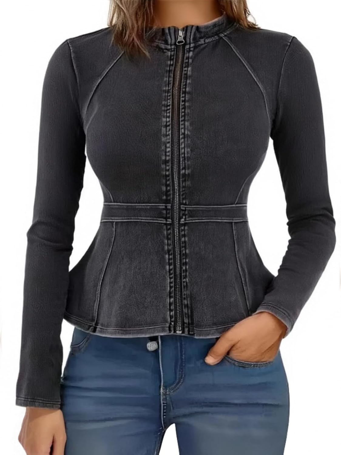Casual Denim Peplum Jacket for Women – Long Sleeve Zip-Up Ruffle Waist Jacket, Athletic Workout Blazer Coat