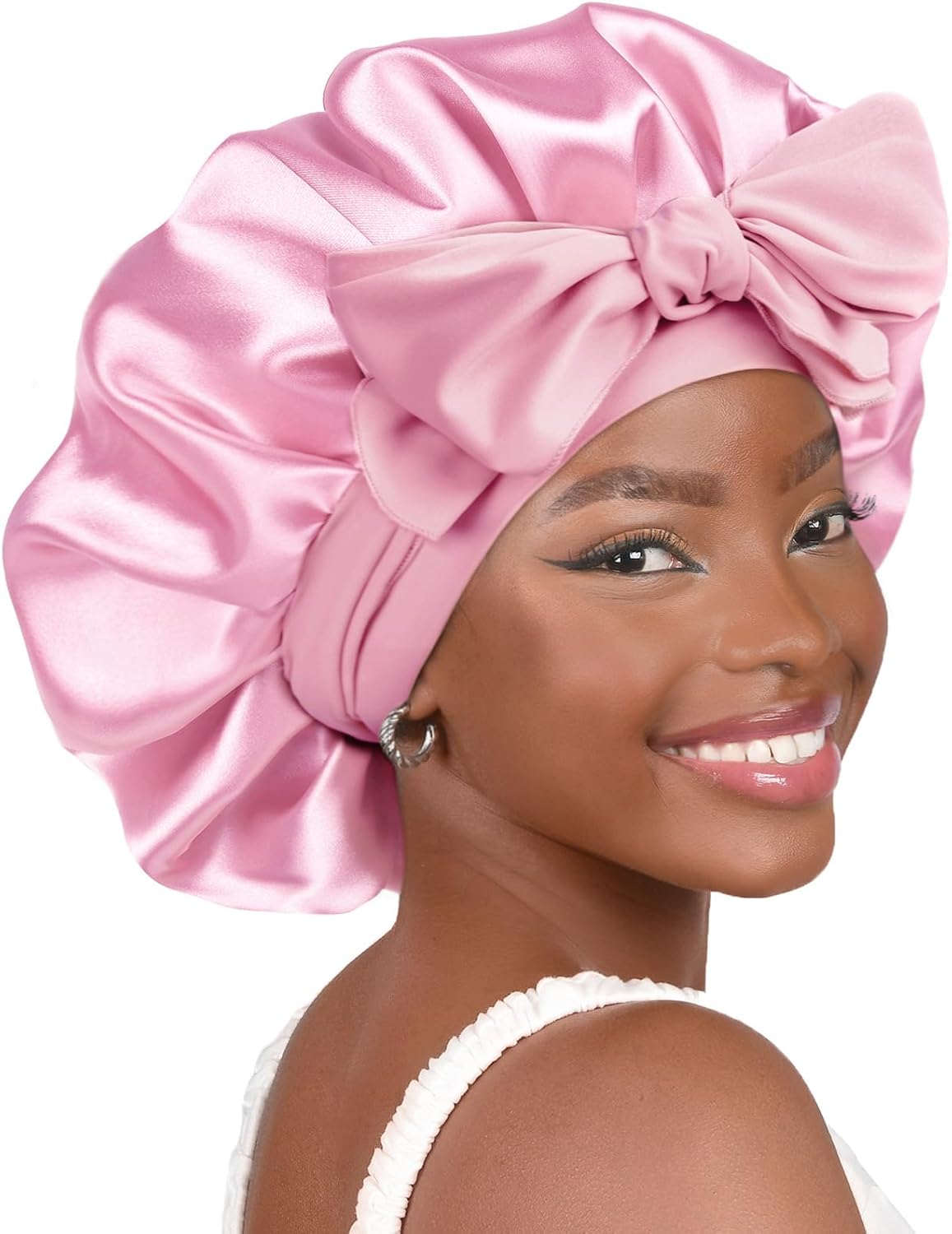 YANIBEST Adjustable Silk Bonnet - Stylish Blush Pink Double Layer Satin Hair Protector for Women, Reduces Frizz and Prevents Messy Hair While Sleeping