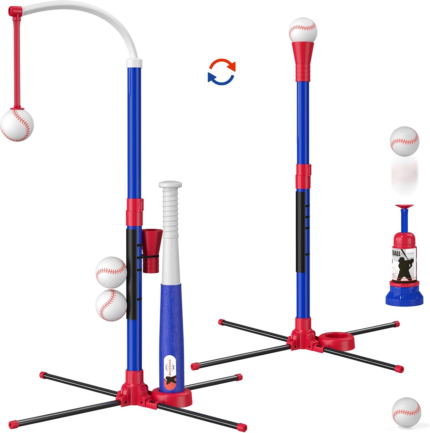 Kids 3-in-1 Baseball Set for Toddler Ages 3–5 – Adjustable Tee Ball Stand with Hanging Tee, Ball Launcher, 6 Softballs for Boys & Girls